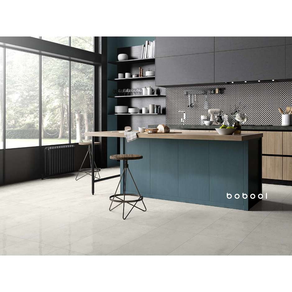 Rektifiziertes, seidenmattes, weißes Feinsteinzeug in Betonoptik, Weiß 44,5x90 - Uptown, Dom Ceramiche