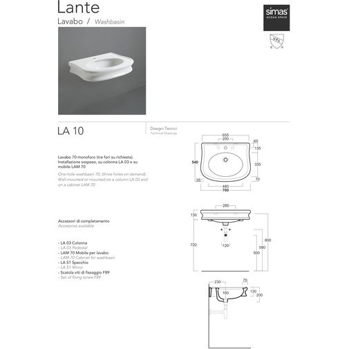 Retro style wall hung single hole washbasin in white ceramic 70 cm - Lante, Simas