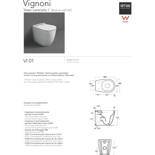 Rimless floor standing toilet bowl, wall or floor outlet, 56x36,5x42 matt white - Vignoni, Simas