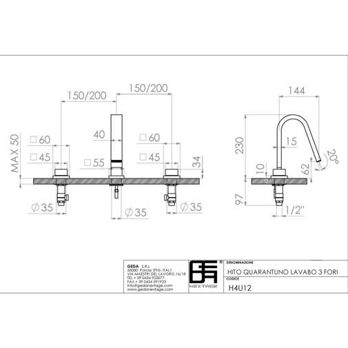 Rubinetto lavabo completo di bocca d'erogazione cromato 3 fori - Hito Quarantuno, Geda