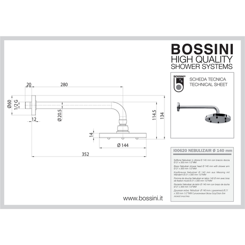 Runder verchromter Duschkopf Durchmesser 22 cm, mit Zerstäuber und Wandarm 30 cm - Nebulizair, Bossini