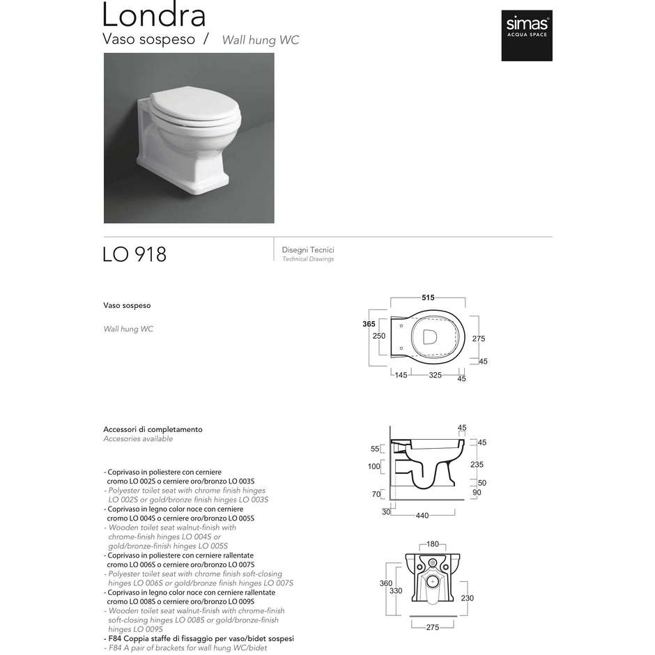Sanitaires suspendus old england blanc brillant : wc, bidet et siège de toilette en noyer - Londra, Simas