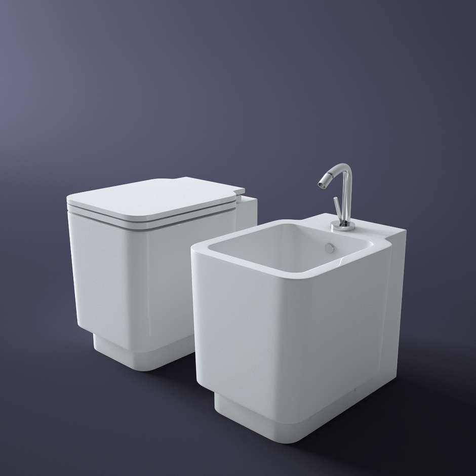 Sanitari a terra squadrati: vaso rimless, bidet e sedile soft close - Flow, Simas