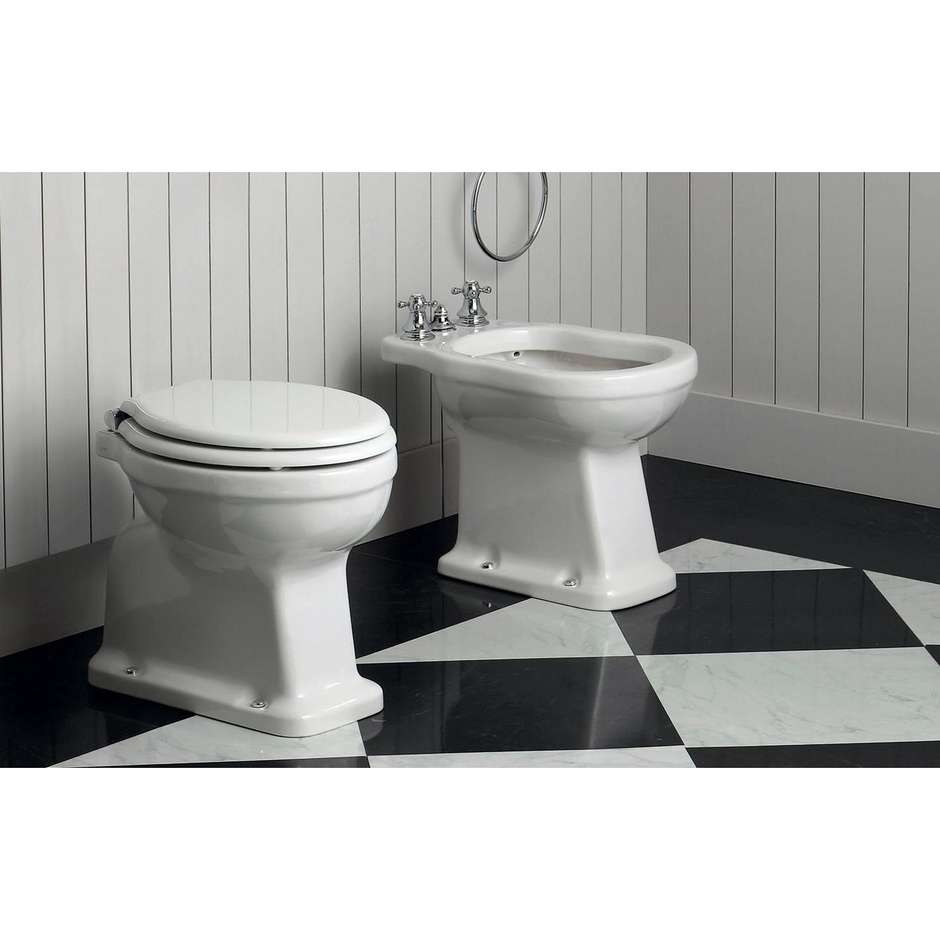 Sanitari classici old england bianco lucido a terra: vaso scarico pavimento, bidet e sedile coprivaso - Londra, Simas