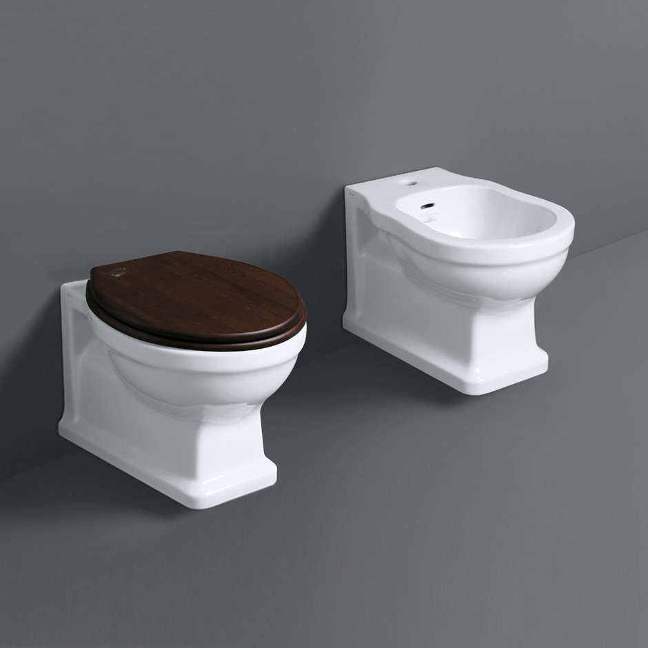 Sanitari sospesi old england bianco lucido: vaso, bidet e sedile coprivaso noce - Londra, Simas