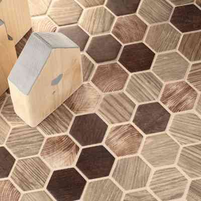 Sechseckiges Mosaik aus recycelter Glaspaste, für Böden und Wände 30x30,2 cm Wood Beige - Esa Glass Flor, Boxer