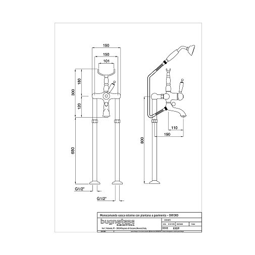Set de bain avec support autoportant et douchette Oxford 6302P Bugnatese