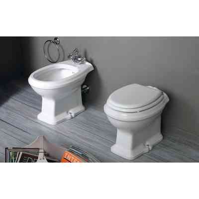 Set di sanitari stile retrò a terra: vaso scarico pavimento, bidet parabolico e sedile - Arcade, Simas