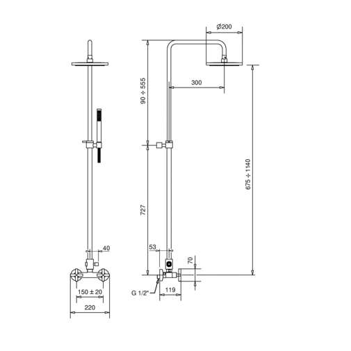 Shower column, hand shower, diverter, Bugnatese Rodos 7347C shower head