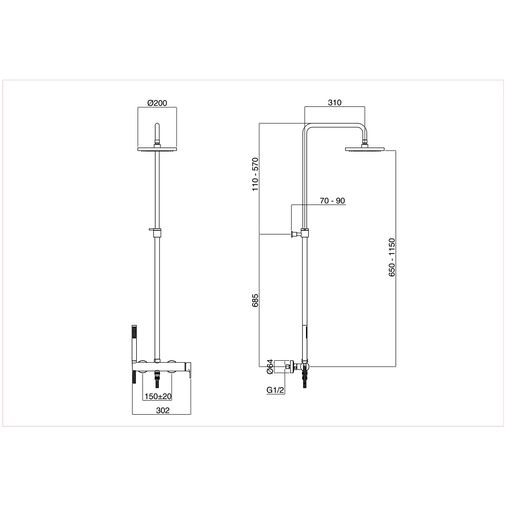 Shower column with diam. 20 cm shower head, hand shower and mixer - Simple, Rubinetteria Bugnatese