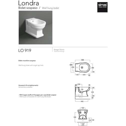 Simas Londra Wand-Bidet aus glänzend weißer Keramik – Klassisches Einzelloch