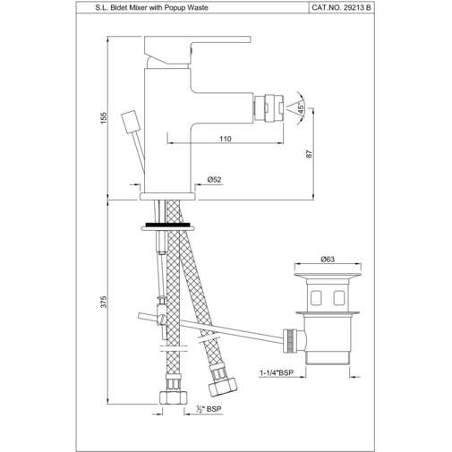 Single hole bidet mixer with waste and Fusion Jaquar flexible hoses
