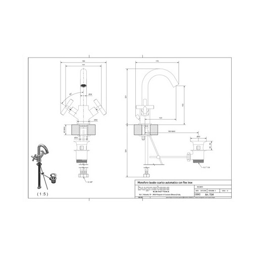 Single hole tap with curved spout and hot/cold knobs Rodos 7334 Rubinetteria Bugnatese