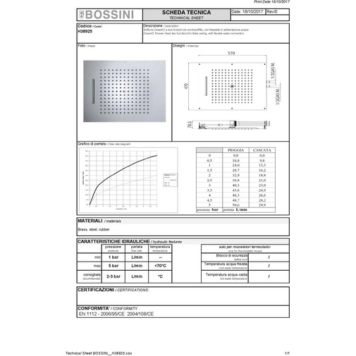 Soffione da incasso rettangolare a soffitto, getto pioggia e getto cascata 57x47 cm - Dream/2, Bossini