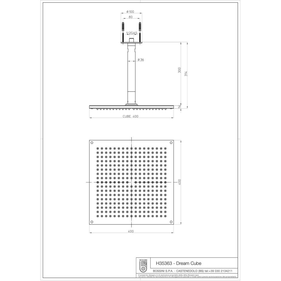 Soffione design esclusivo, quadrato 40x40 cm, attacco al soffitto - Dream Oki, Bossini