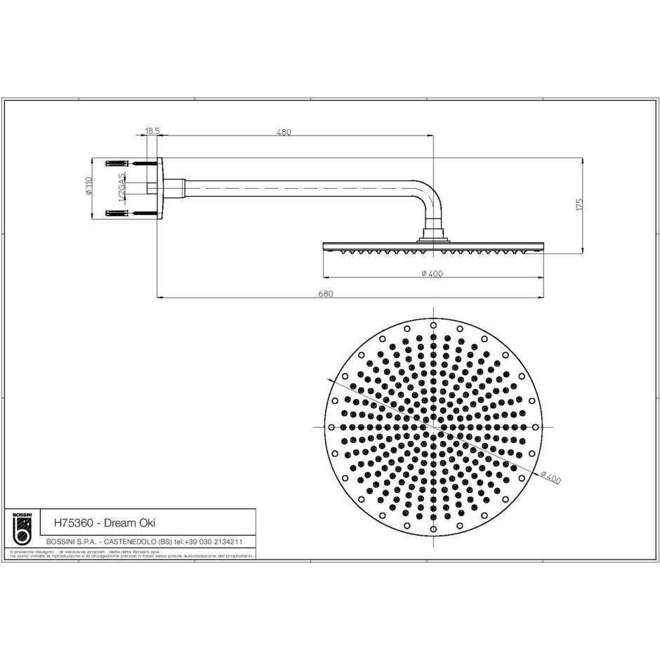 Soffione design esclusivo, rotondo 40cm braccio a muro 50cm - Dream Oki, Bossini