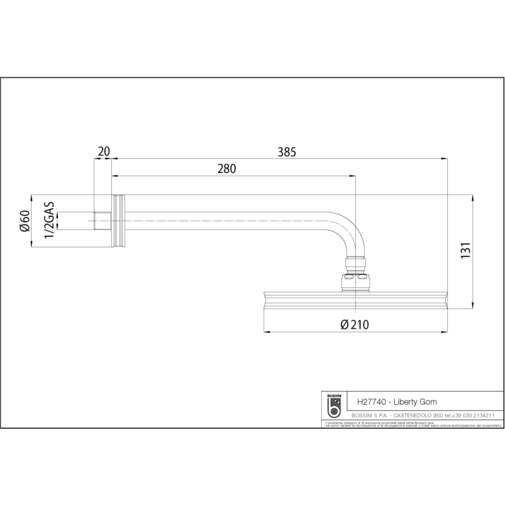 Soffione diametro 21 cm ottone anticato, con braccio a parete 30 cm - Liberty Gom, Bossini