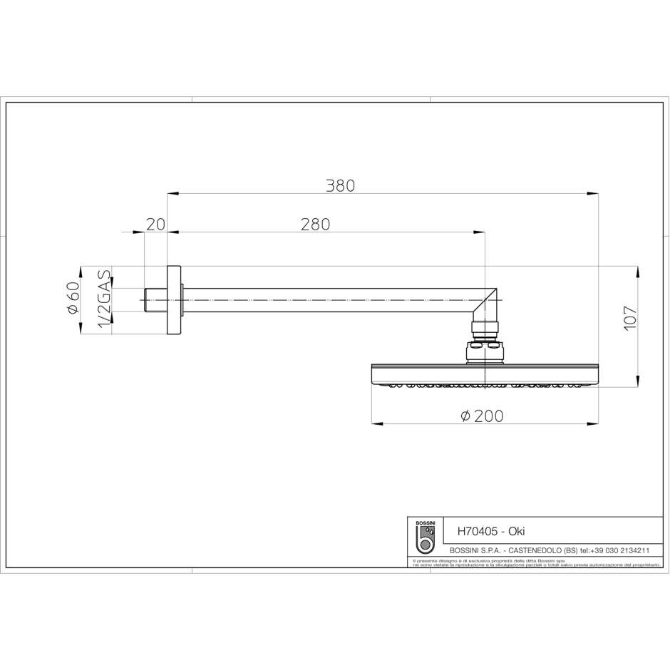Soffione moderno rotondo 20 cm, con braccio a parete 30 cm squadrato, cromo - Oki, Bossini