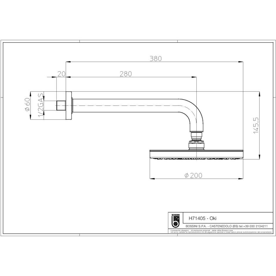 Soffione moderno rotondo 20 cm, con braccio a parete 30 cm stondato , nikel spazzolato - Oki, Bossini