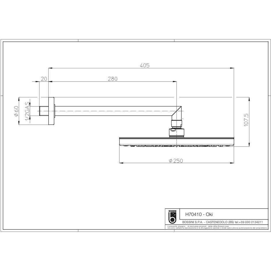 Soffione moderno rotondo 25 cm, con braccio a parete 30 cm squadrato, cromo - Oki, Bossini