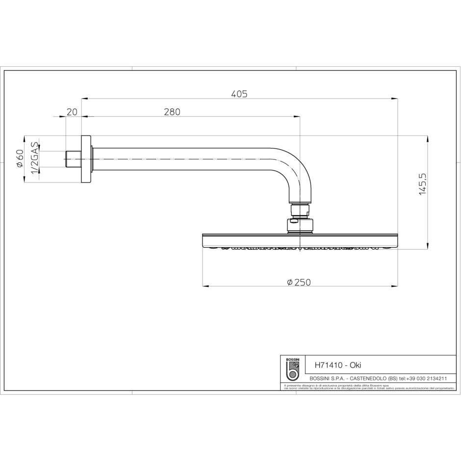 Soffione moderno rotondo 25 cm, con braccio a parete 30 cm stondato, cromo - Oki, Bossini