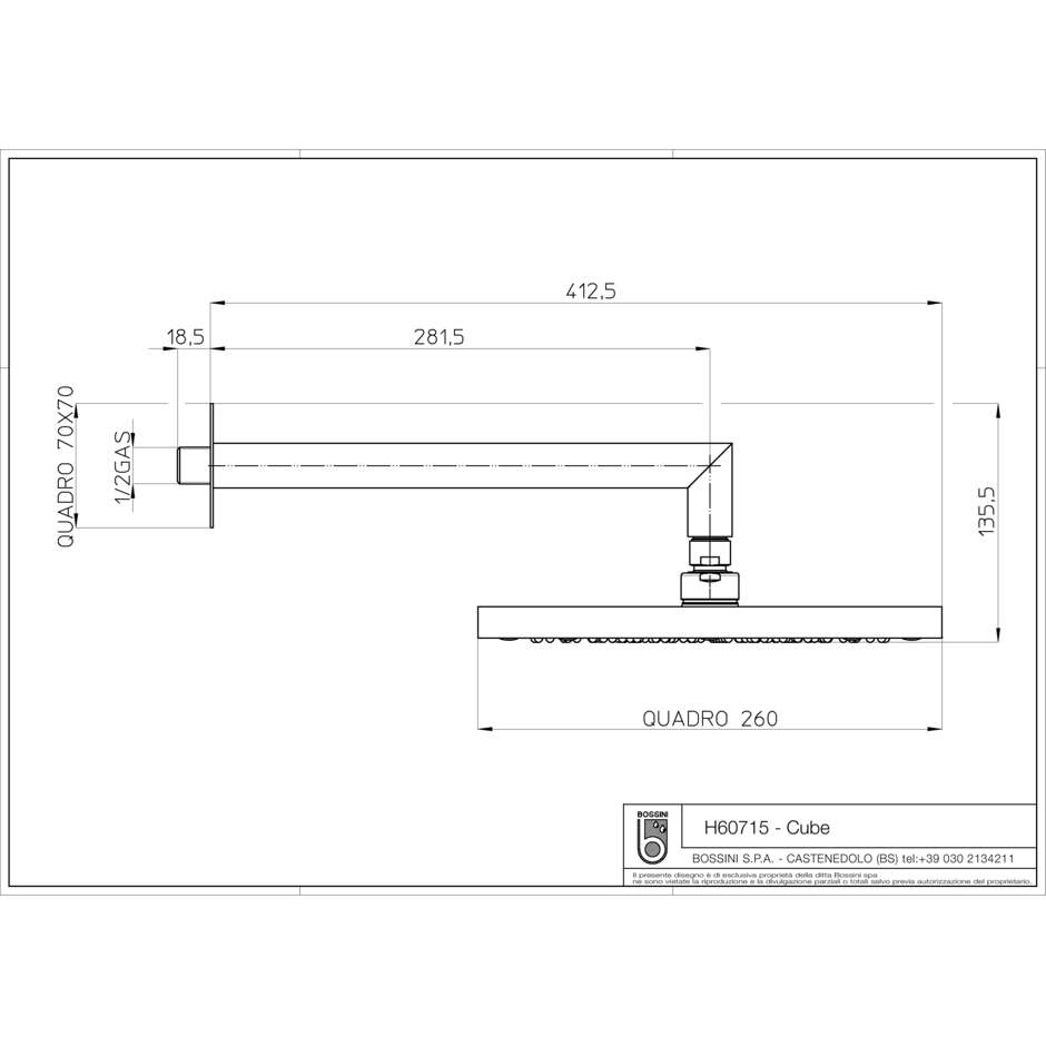 Soffione quadrato 26x26 cm, moderno con braccio a muro 30 cm, cromo - Cube, Bossini  