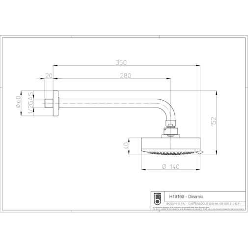Soffione rotondo diametro 21 cm dalle forme morbide, con braccio a muro 30 cm - Agua, Bossini