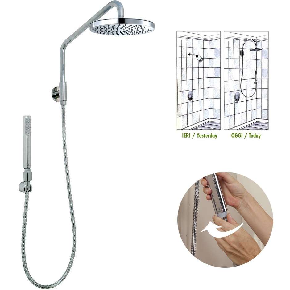 Soffione tondo 25cm, braccio a muro cilindro 30cm, doccetta integrata - Oki-Renovation, Bossini