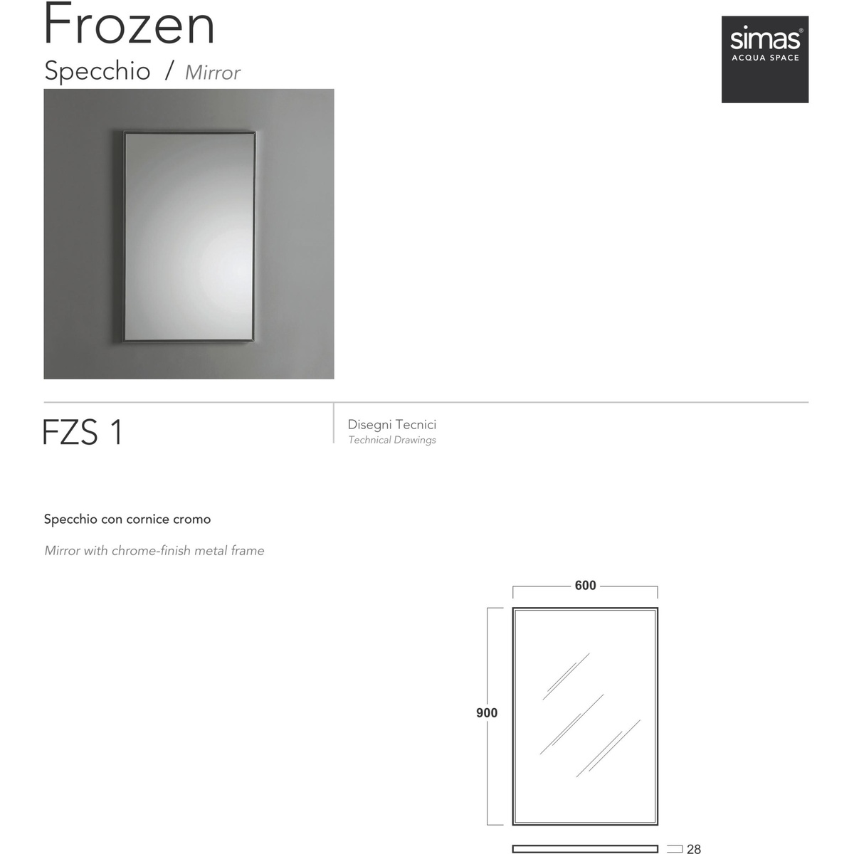Specchio rettangolare con cornice in metallo cromato stile moderno 90x60 cm  - Frozen, Simas