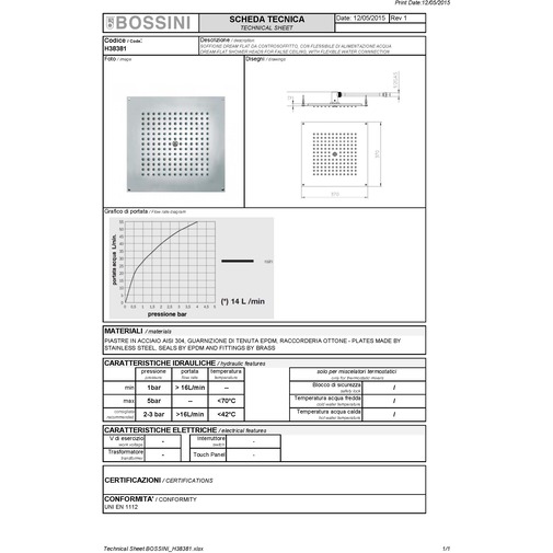 Square built-in ceiling shower head 37x37 cm - Dream, Bossini