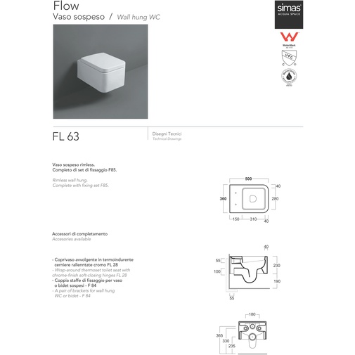 Square rimless wall hung vase in matt white ceramic - Flow, Simas