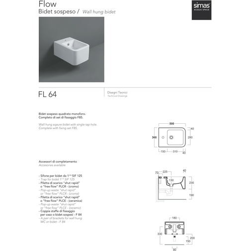 Square wall-hung bidet in matt white ceramic - Flow, Simas