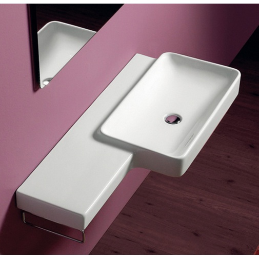 Squared asymmetrical washbasin with modern style shelf in white ceramic 115 cm - Flow, Simas