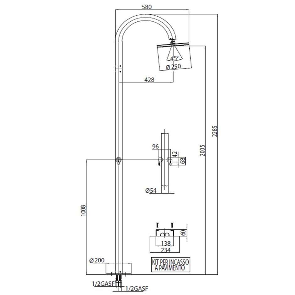 Stainless steel shower column with 25 cm diameter shower head, hot and cold taps - Oki Floor, Bossini