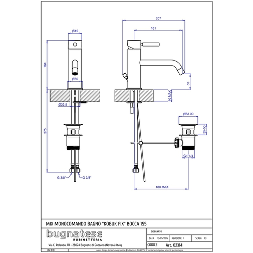 Standard chromed basin mixer with 15.5 cm spout - Kobuk Fix, Bugnatese