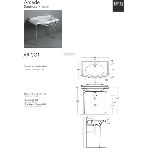 Struttura di supporto per lavabo AR864 in ottone cromato Arcade, Simas