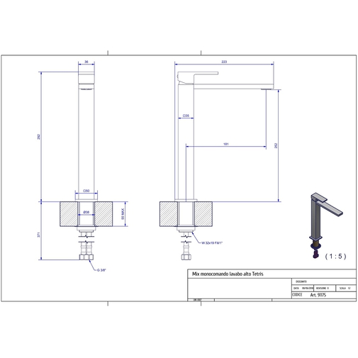 Tall chromed basin mixer without "waste kit" - Tetris, Bugnatese