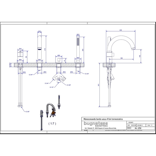 Thermostatic bath group with diverter complete with mixer, spout and 4-hole hand shower - Kobuk, Bugnatese