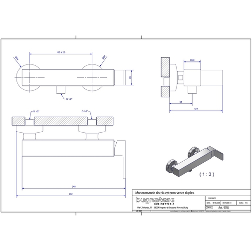 Verchromte externe Brausebatterie, moderner Stil, quadratisch - Tetris, Rubinetteria Bugnatese