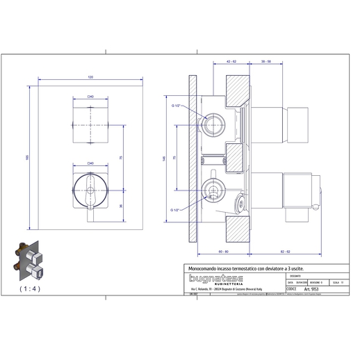 Verchromter Einbau-Thermostat-Brausemischer im modernen Stil mit 3-Wege-Umsteller - Tetris, Rubinetteria Bugnatese