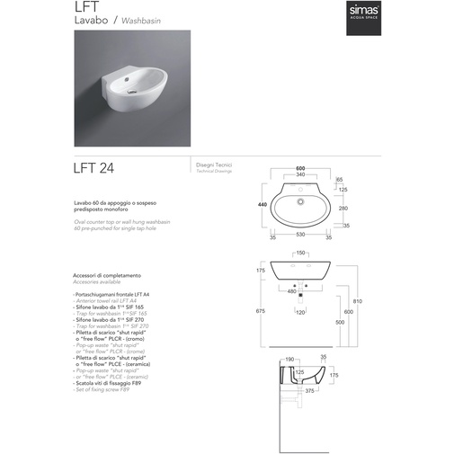 Wall hung or countertop washbasin, oval in white ceramic modern style 60 cm - LFT, Simas