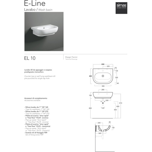 Wall-hung washbasin, glossy white 65x48x19 cm - E-Line, Simas