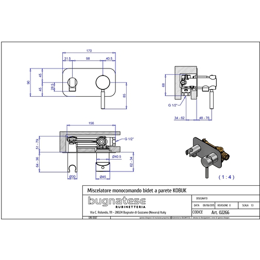 Wall hydrobrush complete with mixer and modern style chromed plate - Kobuk, Rubinetteria Bugnatese