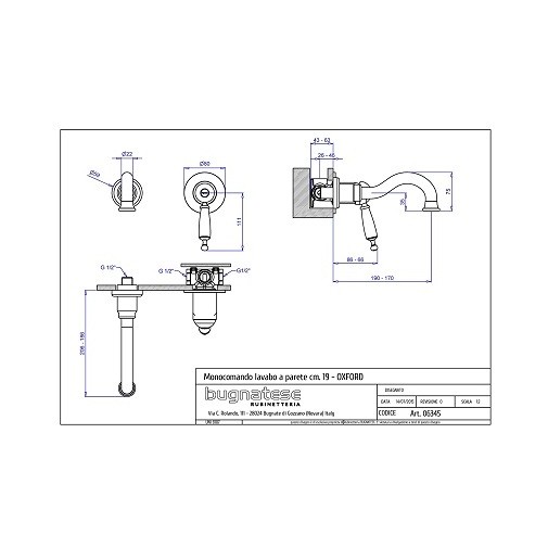 Wall-mounted built-in basin mixer with 19 cm spout Oxford 6345 Bugnatese