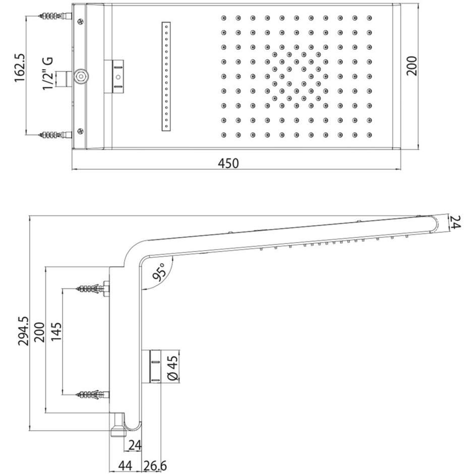 Wall mounted matt brushed steel shower head with hand shower, 2 jets, 20x45cm - Syncro-Rain-Renovation, Bossini