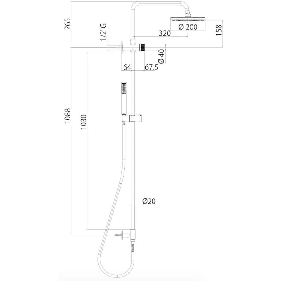 Wall mounted shower column with 20 cm round shower head and sliding rail, high water inlet - Oki Renovation, Bossini