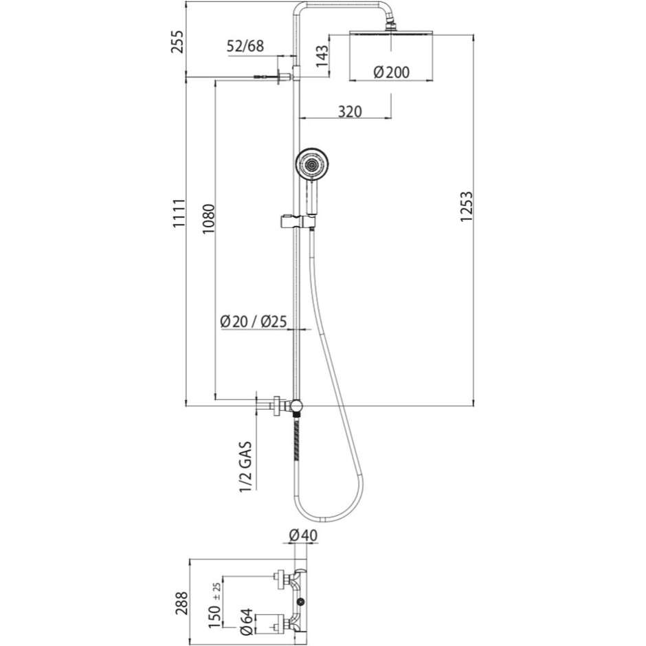 Wall mounted sliding shower column, mixer, 20 cm shower head - Oki, Bossini