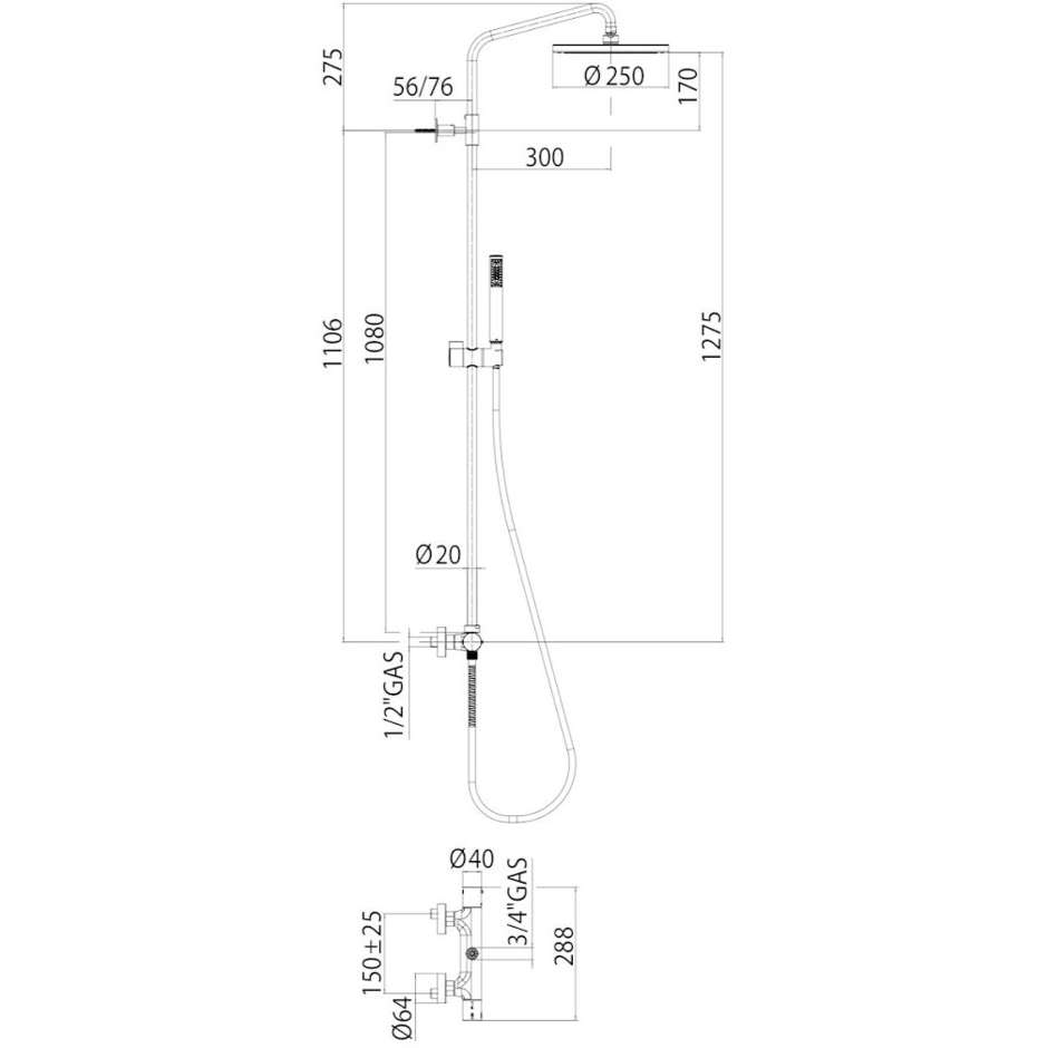 Wall shower column, 25cm shower head, sliding rail and mixer - Zoe, Bossini
