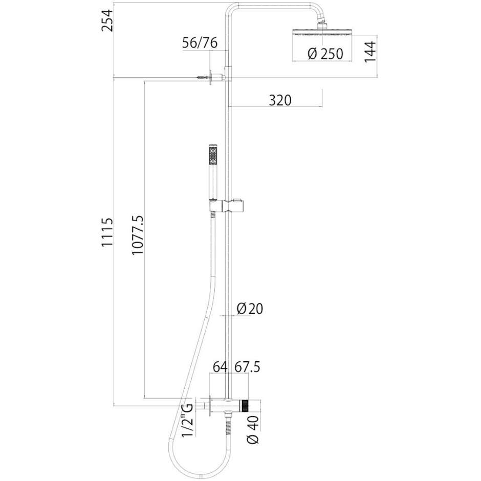 Wall shower column with 25cm shower head, sliding rail, low water inlet Oki Renovation, Bossini
