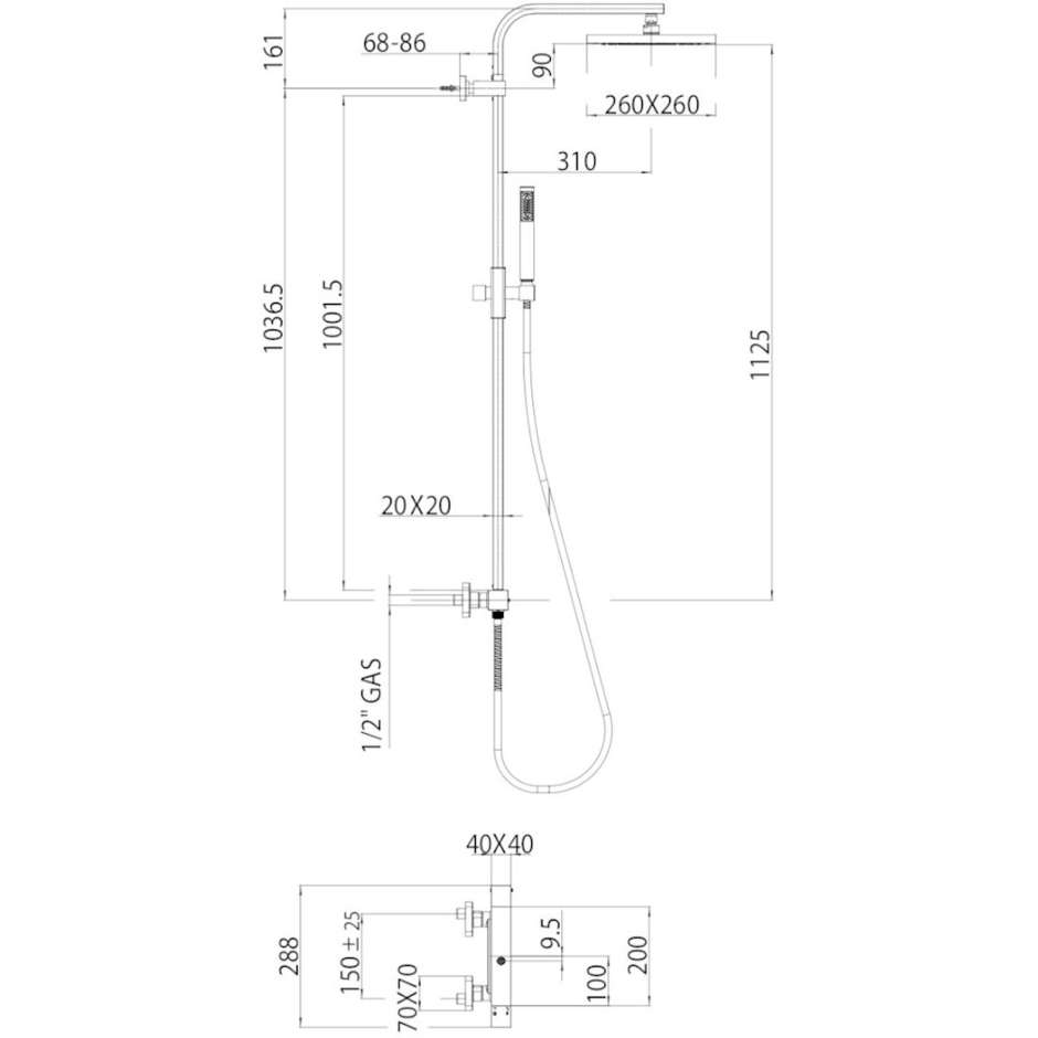Wall shower column with 26x26cm shower head, sliding rail and mixer - Cosmo, Bossini